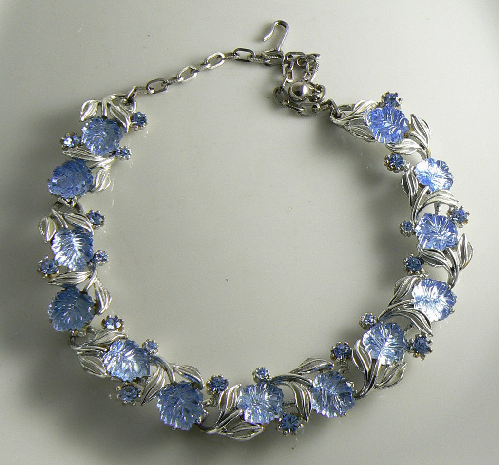 Blue Molded Glass Leaves and Rhinestone Necklace, Signed Art Necklace