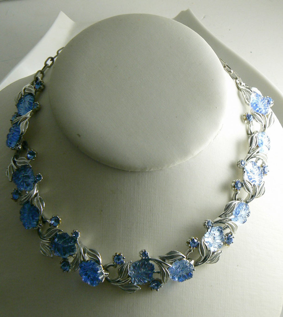 Blue Molded Glass Leaves and Rhinestone Necklace, Signed Art Necklace - Vintage Lane Jewelry