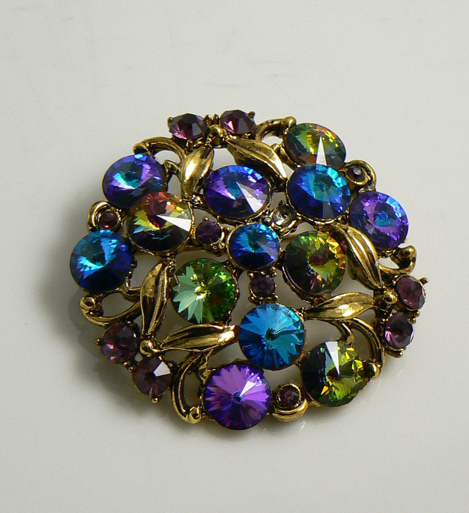 Vintage Signed Hollycraft Rhinestone Brooch Blues Greens Rivoli
