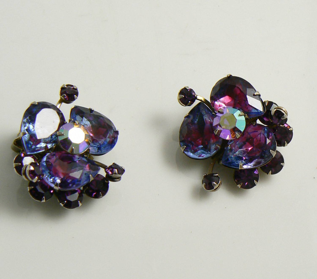 Judy Lee Purple Lavender Givre Glass Clip Earrings