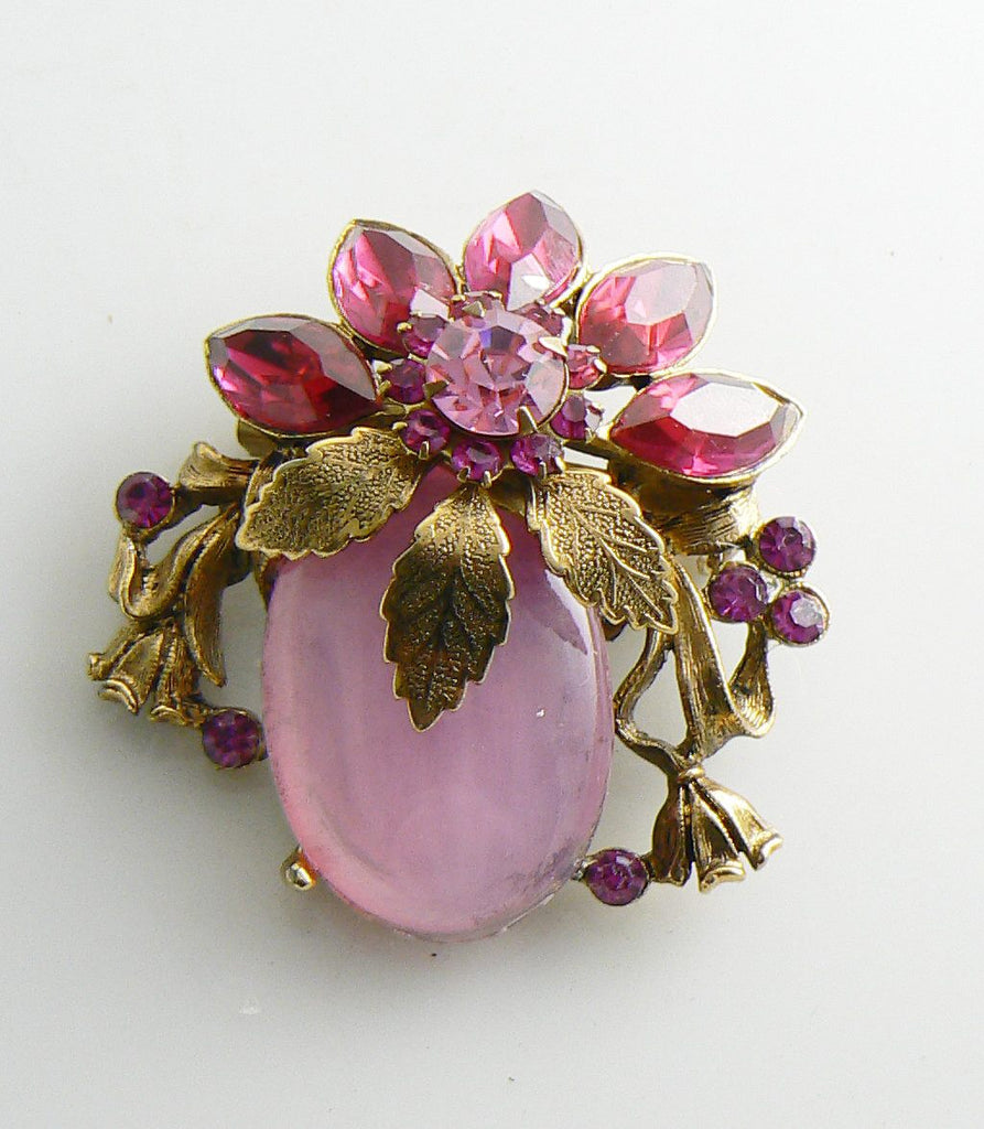 Golden Leaves, Pink Rhinestones and a Pink Glass Cabochon. Large Flower pin