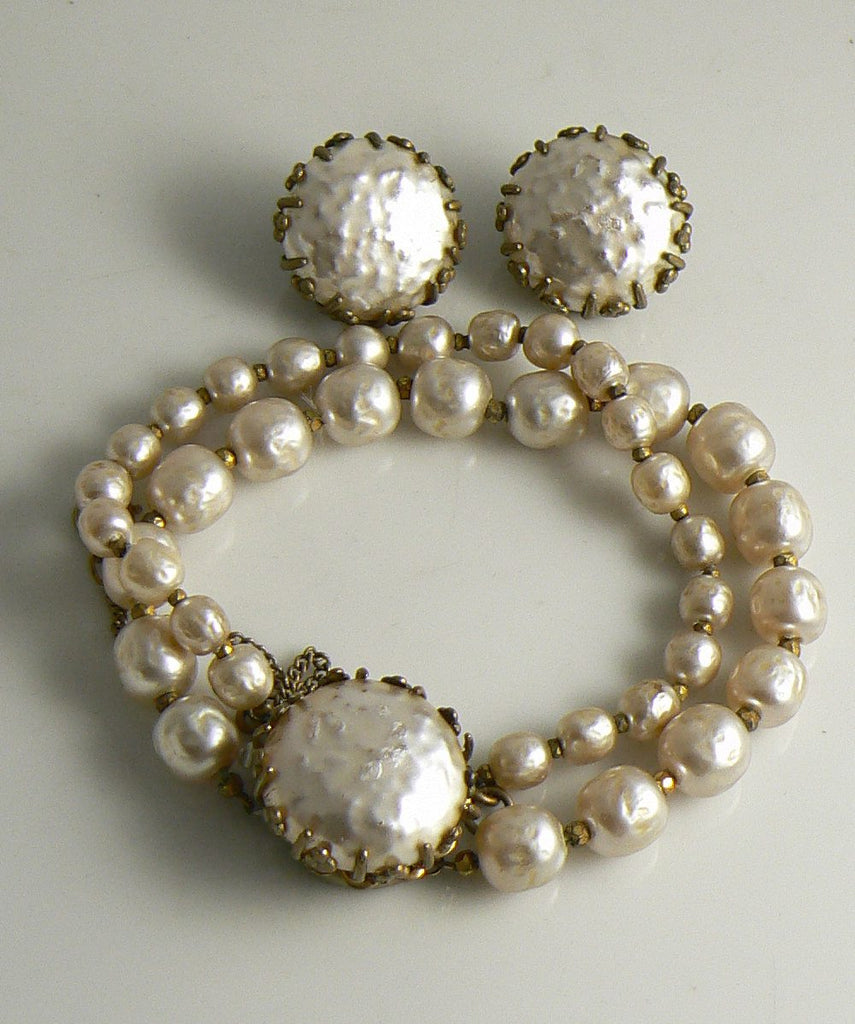 Classic Miriam Haskell Baroque Pearl Cabochon Bracelet and Earring Set