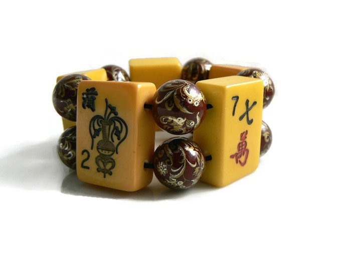 Bakelite Antique Mahjong Bracelet, hand painted flower tiles, Jan Carlin