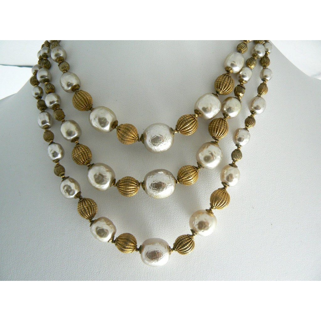 Miriam Haskell Baroque Pearl and Russian Gold Bead 3 Strand Necklace