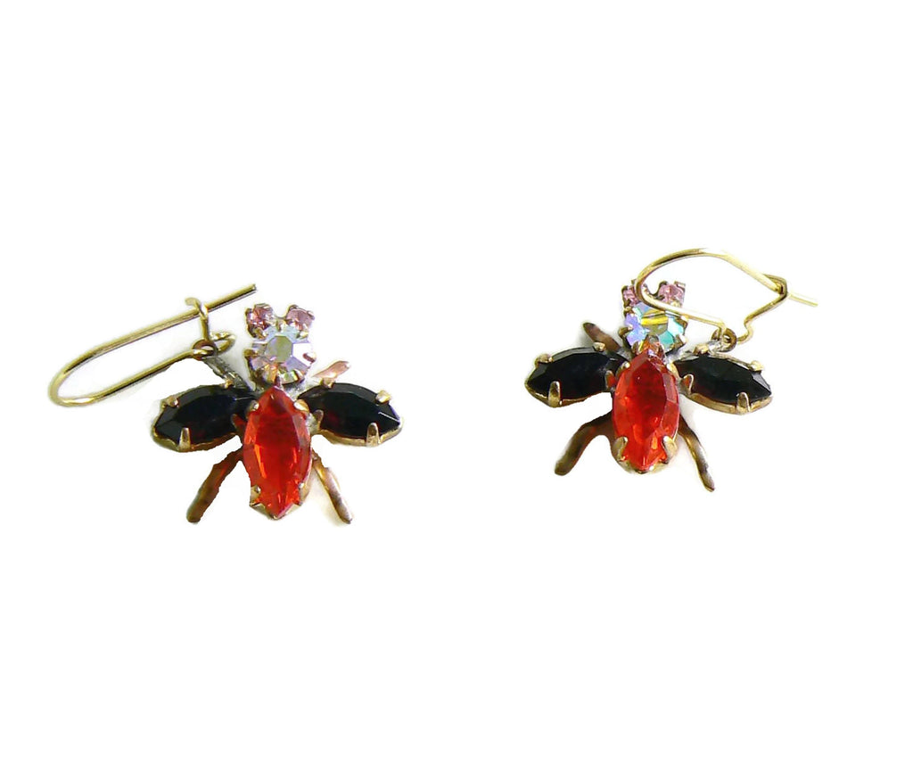 Czech Glass Rhinestone Fly Earrings, Red and Black