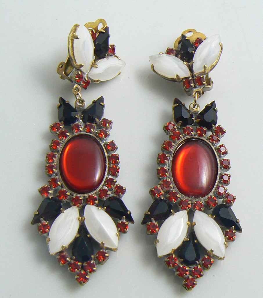 Red, Black and White Czech Glass Clip Earrings, Rhinestones
