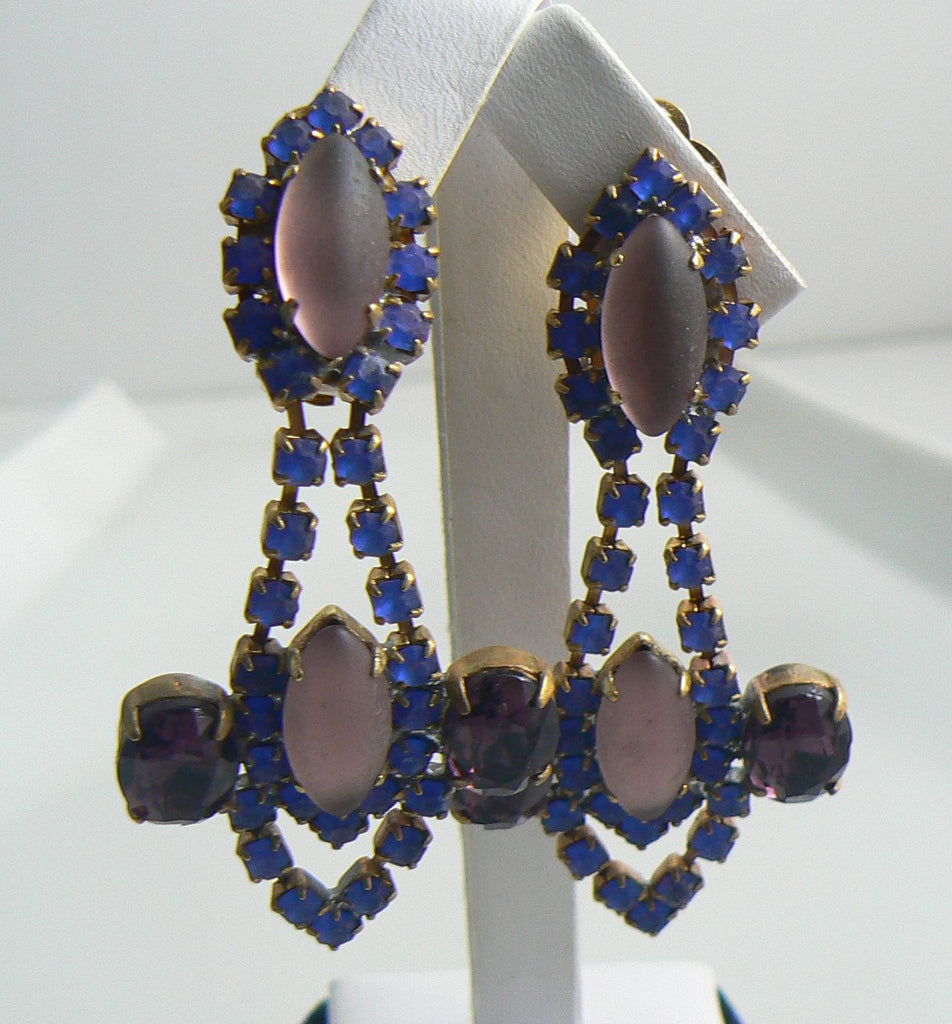 Purple and Blue Czech Glass Clip Earrings, Rhinestone