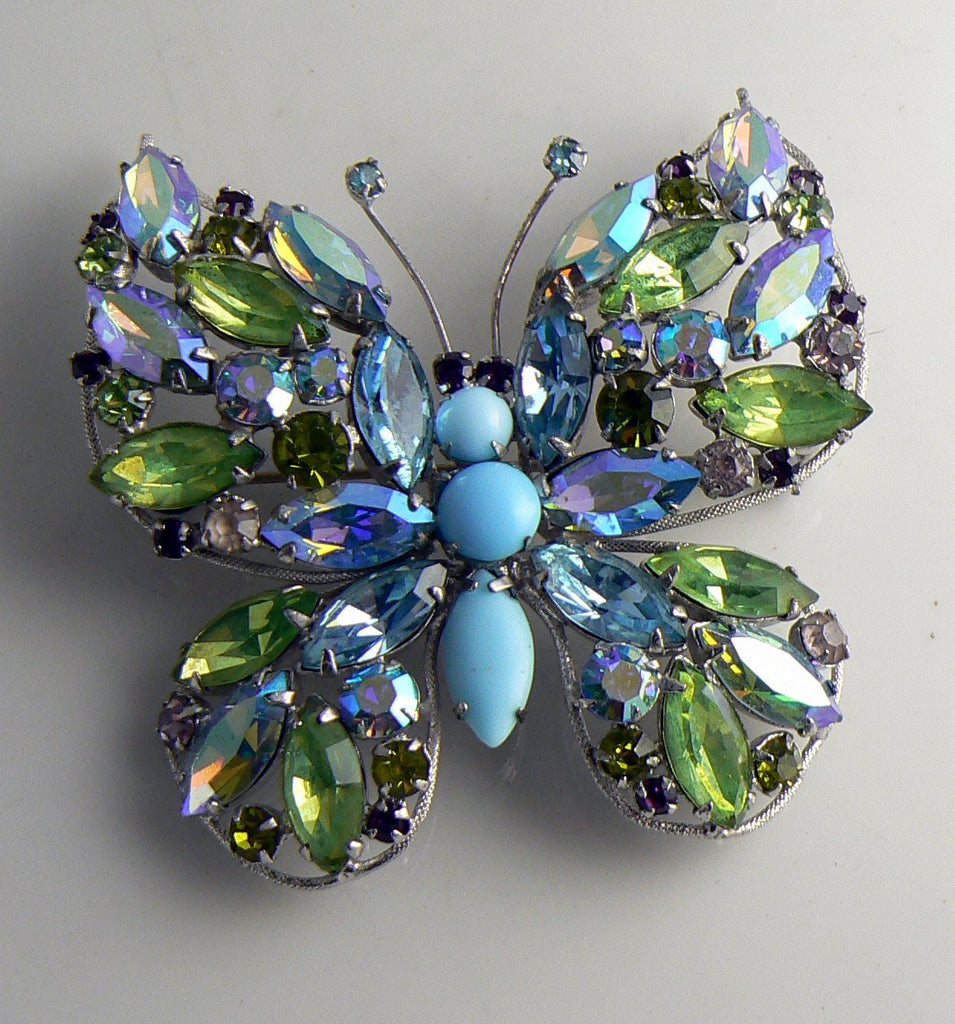 Regency Blue Rhinestone Figural Butterfly Brooch, Blue Glass Cabochons