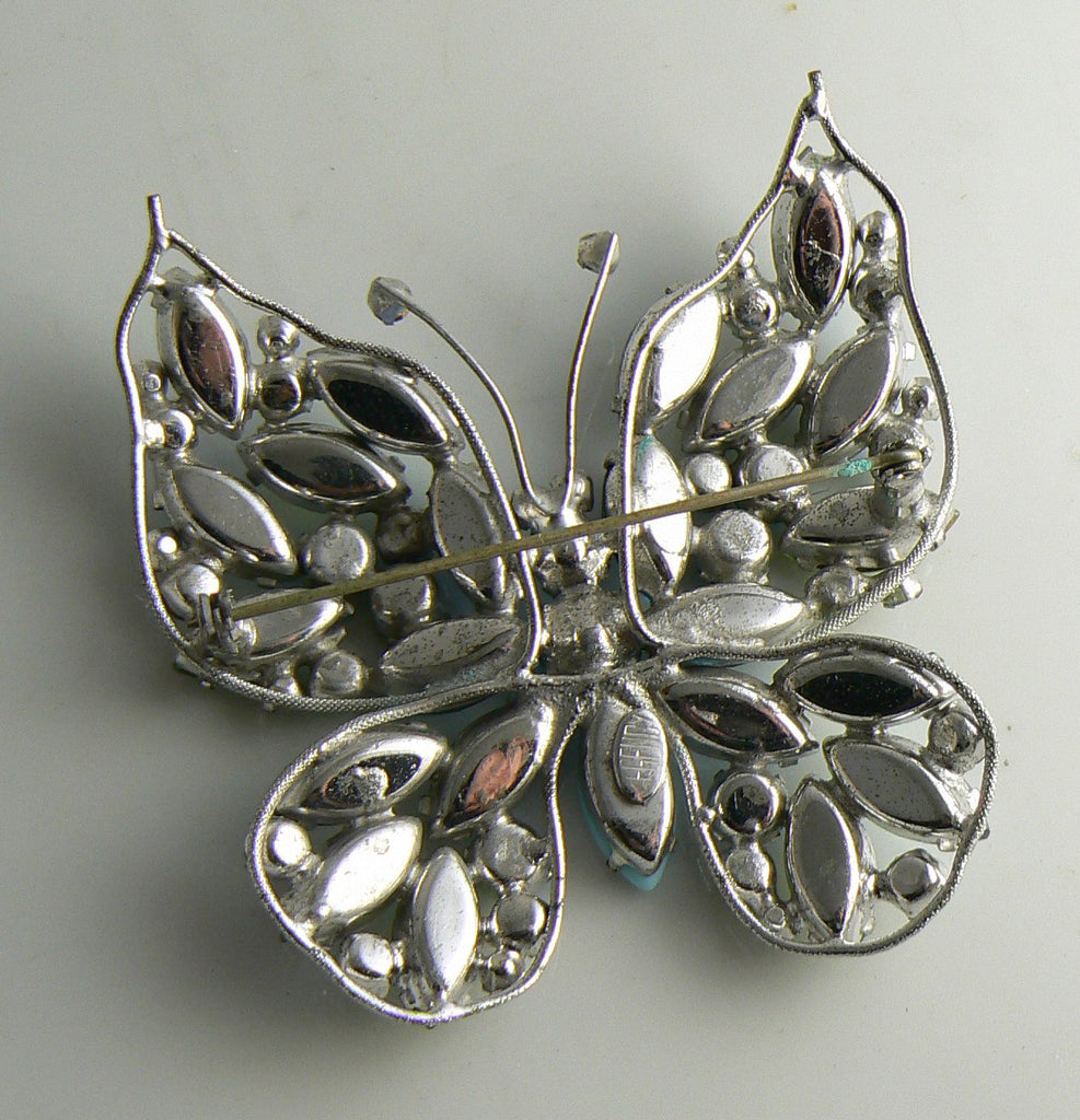 Regency Blue Rhinestone Figural Butterfly Brooch, Blue Glass Cabochons - Vintage Lane Jewelry