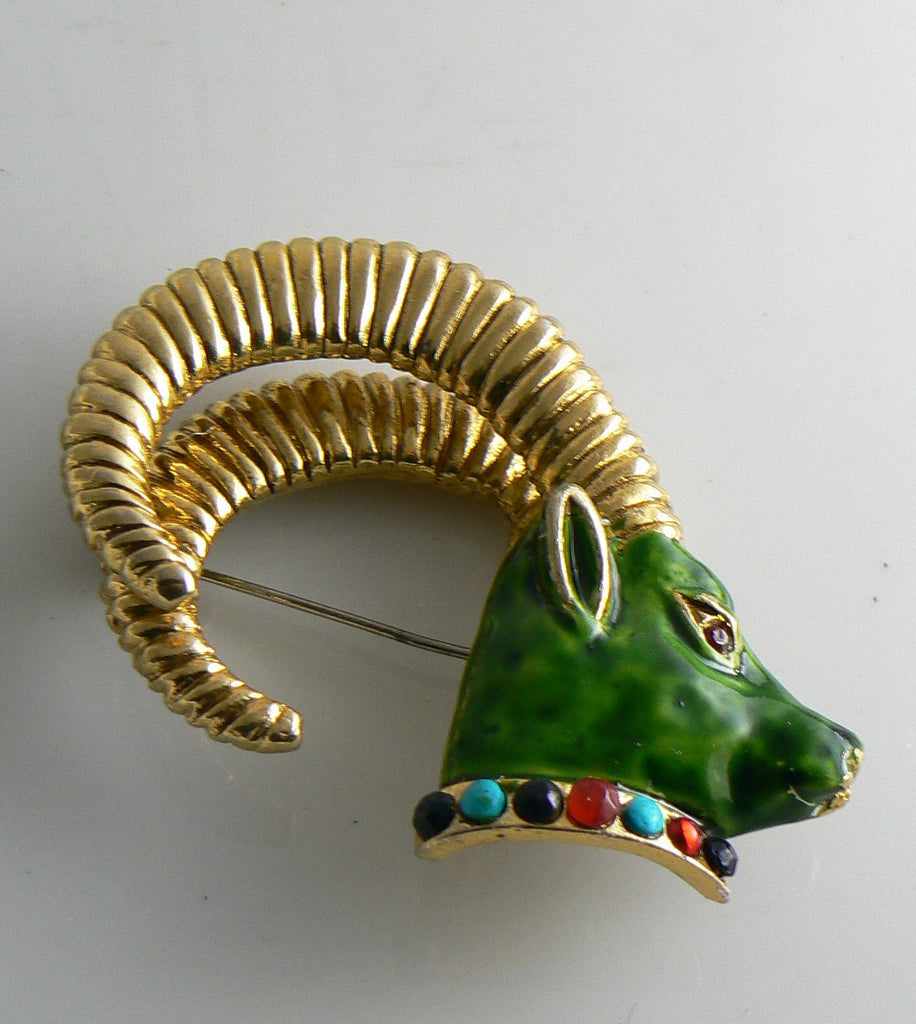 Vintage Richelieu Gold Ram Elk Green Enamel Rhinestone Brooch Pin