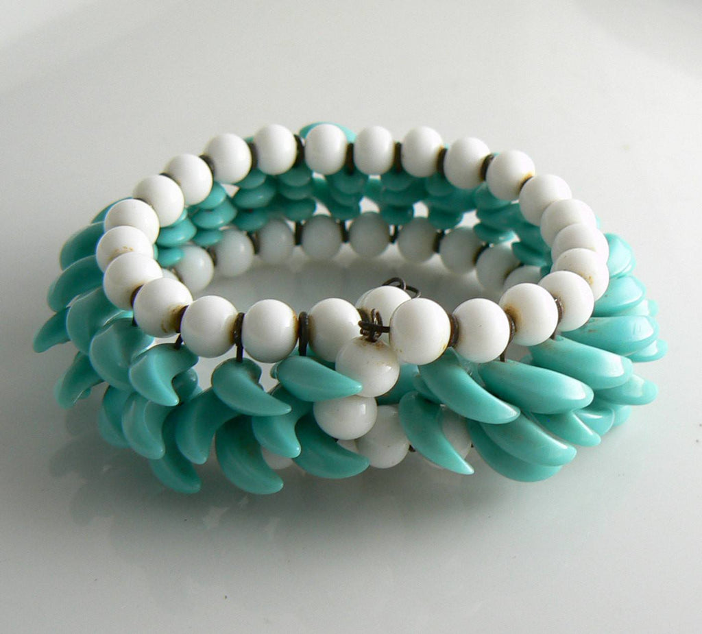 Vintage Early Miriam Haskell White and Turquoise Bead Wrap Around Bracelet