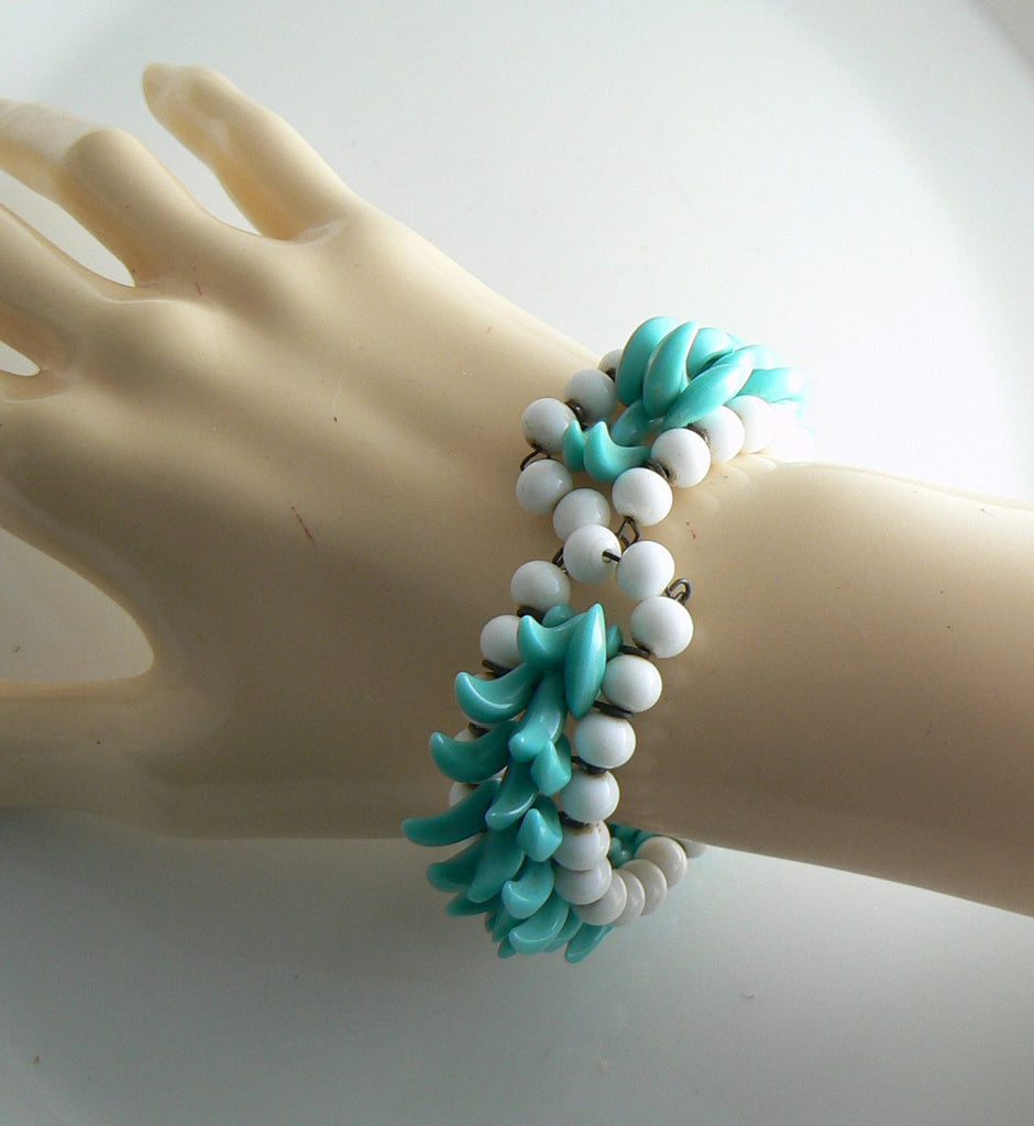 Vintage Early Miriam Haskell White and Turquoise Bead Wrap Around Bracelet - Vintage Lane Jewelry