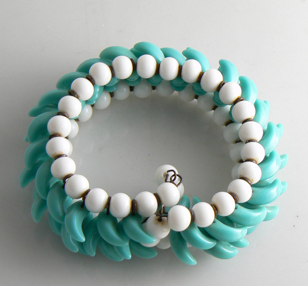 Vintage Early Miriam Haskell White and Turquoise Bead Wrap Around Bracelet - Vintage Lane Jewelry