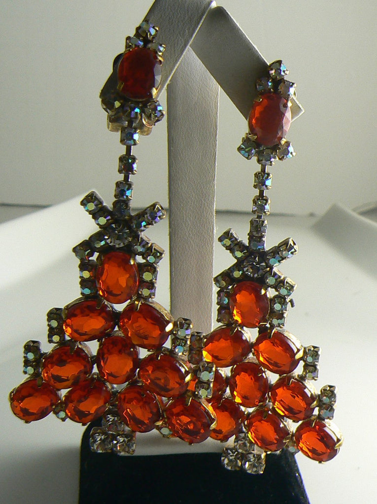 Czech Glass Red and Borealis Rhinestone Christmas Tree Clip Earrings