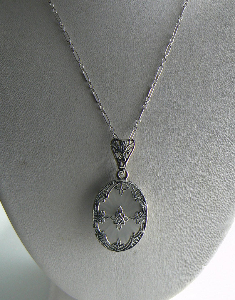 Art Deco Oval Frosted Crystal Camphor Glass Filigree Diamond Pendant Sterling Silver