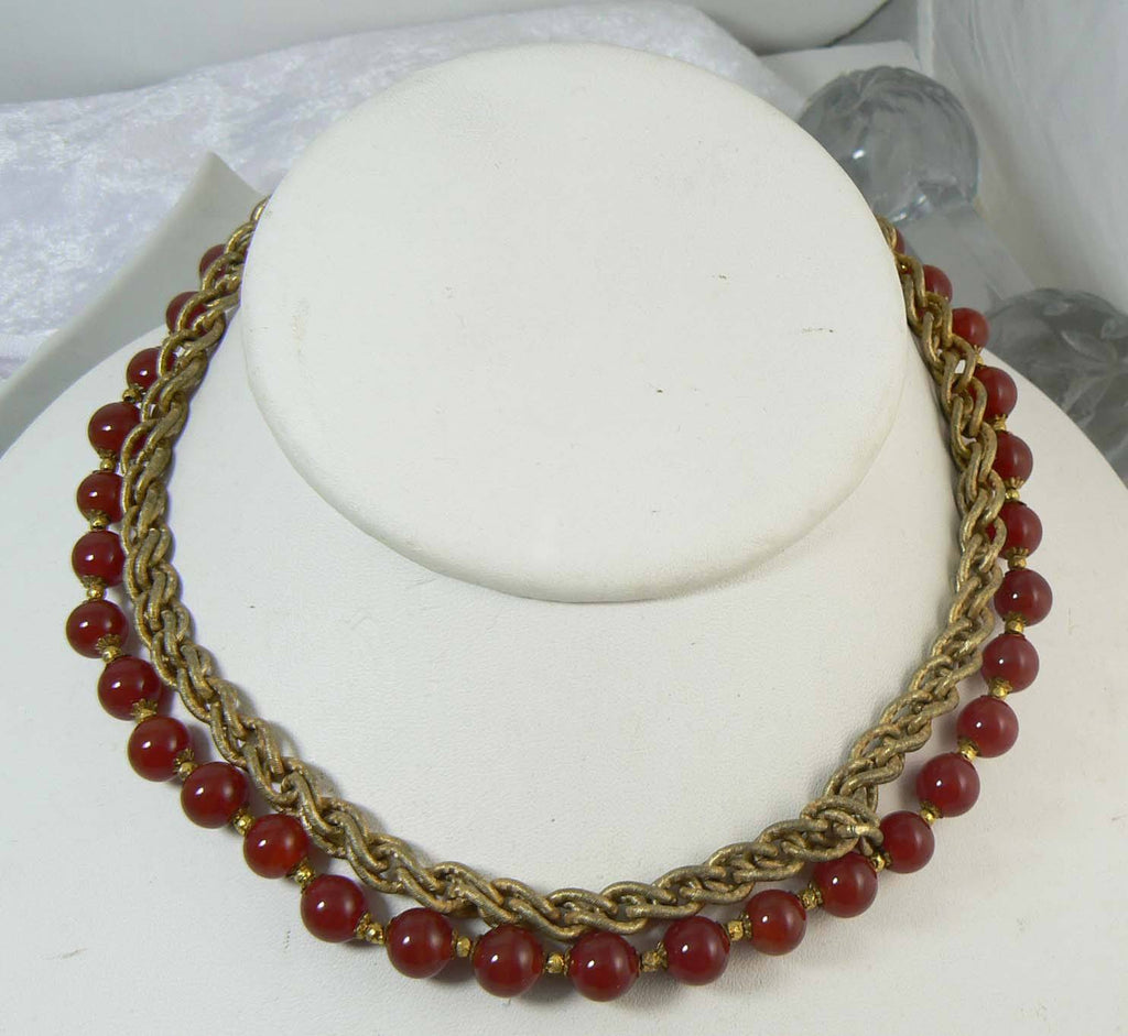 Miriam Haskell Carnelian Glass and Gold Gilt Chain Beaded Necklace