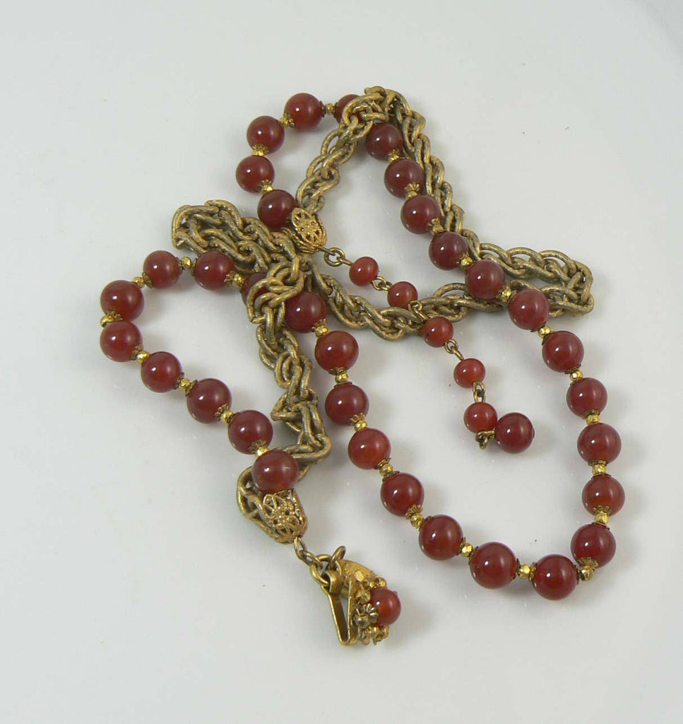 Miriam Haskell Carnelian Glass and Gold Gilt Chain Beaded Necklace - Vintage Lane Jewelry