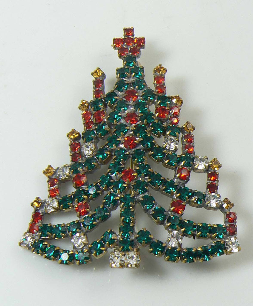 Czech Glass Rhinestone Christmas Tree Brooch, Xmas Pin