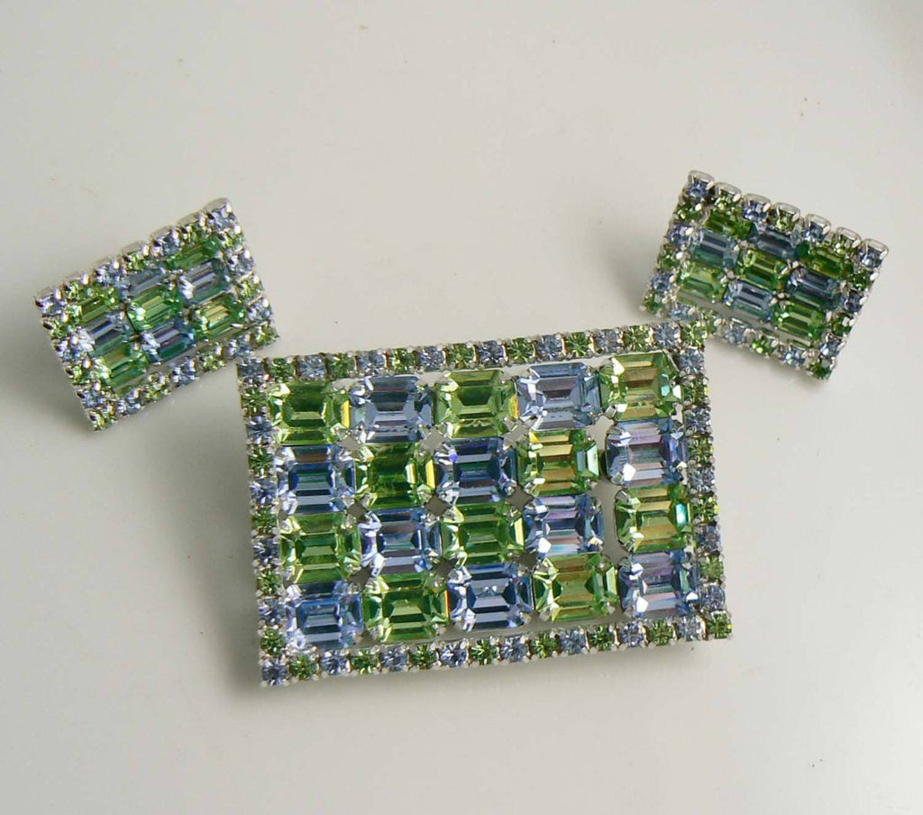Vintage Kramer Pastel Green Blue Rhinestone Brooch Earring Demi Set.