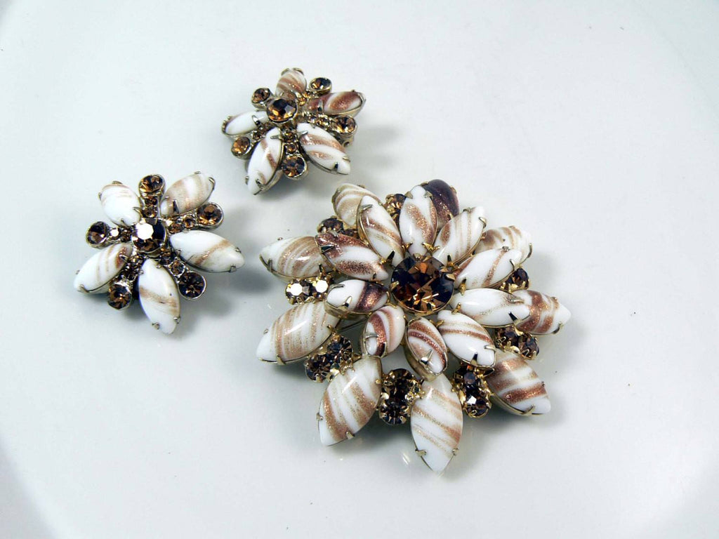 Juliana D & E Gold Fluss Topaz Rhinestone Brooch Earring Verified Book Piece Set - Vintage Lane Jewelry