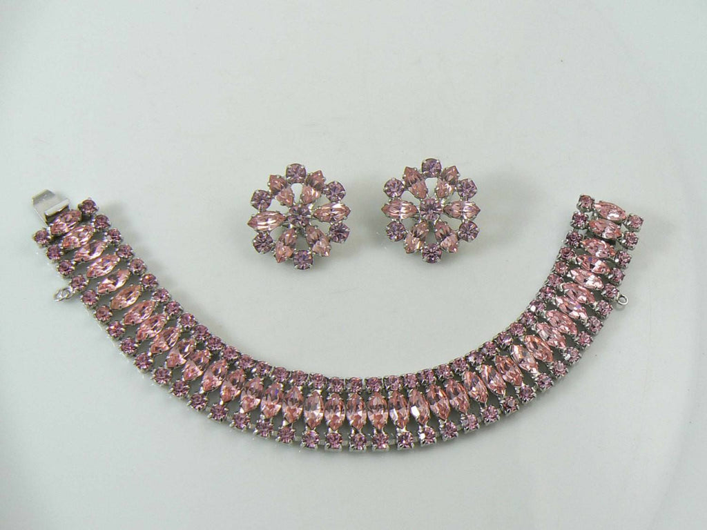 Vintage B David Pink Rhinestone Bracelet Clip Earrings Set