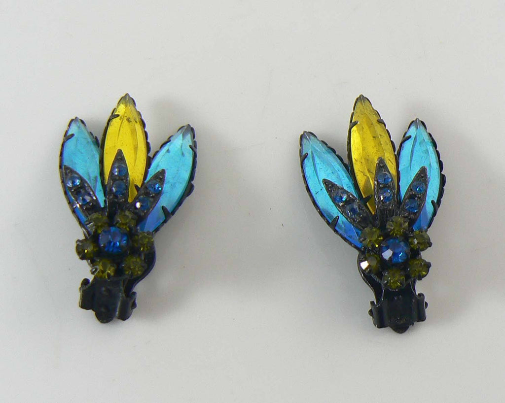 Selro Japanned Blue Green Lucite Rhinestone Clip Earrings