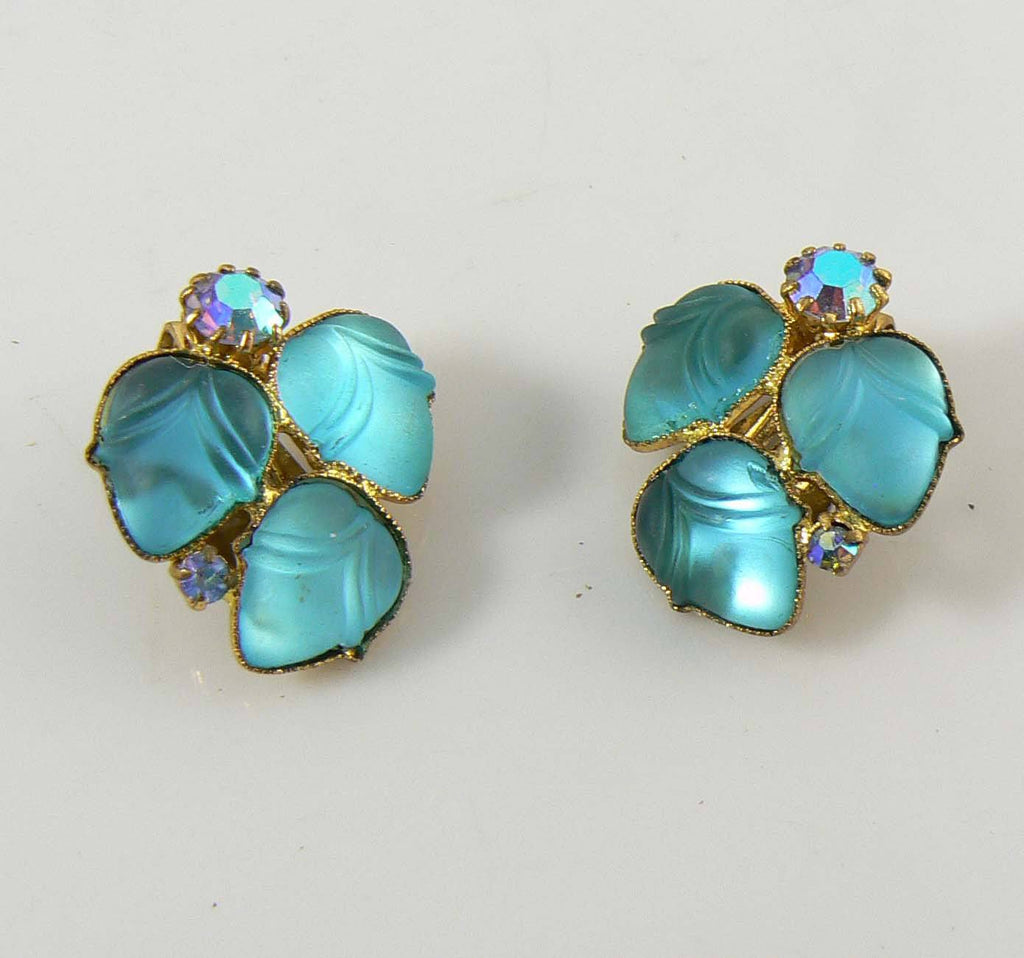 Aqua Molded Glass and AB Rhinestone Clip Earrings.