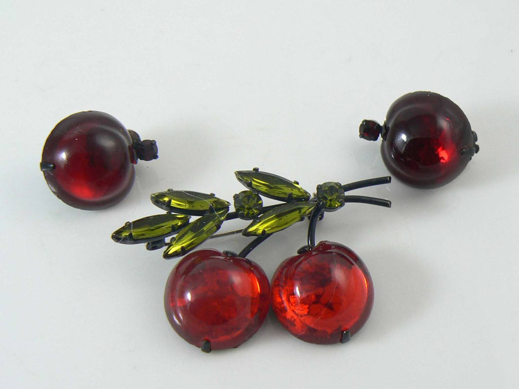 Red Cherries Brooch -Austrian Crystal Fruit Pin Earrings & Green Rhinestones