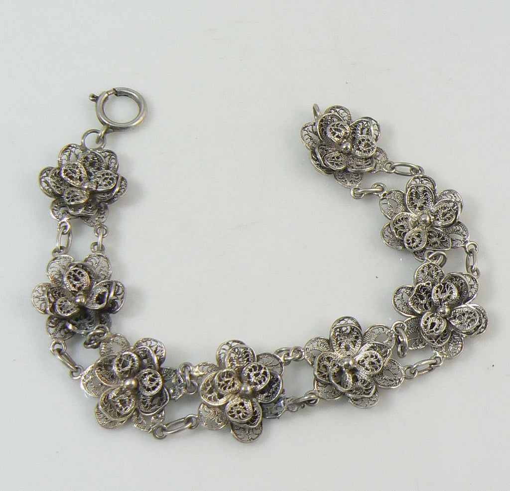 Antique Filigree Flowers Sterling Silver Bracelet