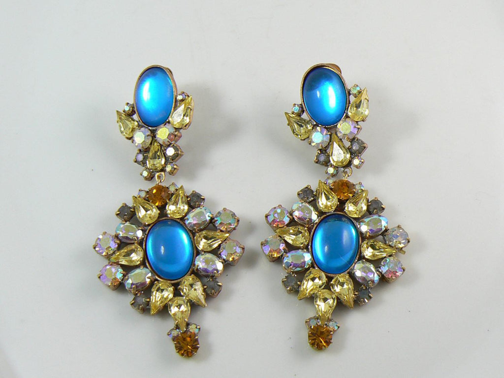 Czech Glass Aqua Blue Clip Dangle Earrings.