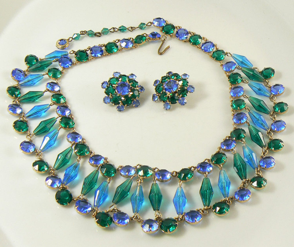 Egyptian Revival Blue and Green Glass Bezel Bib Necklace Earring Set