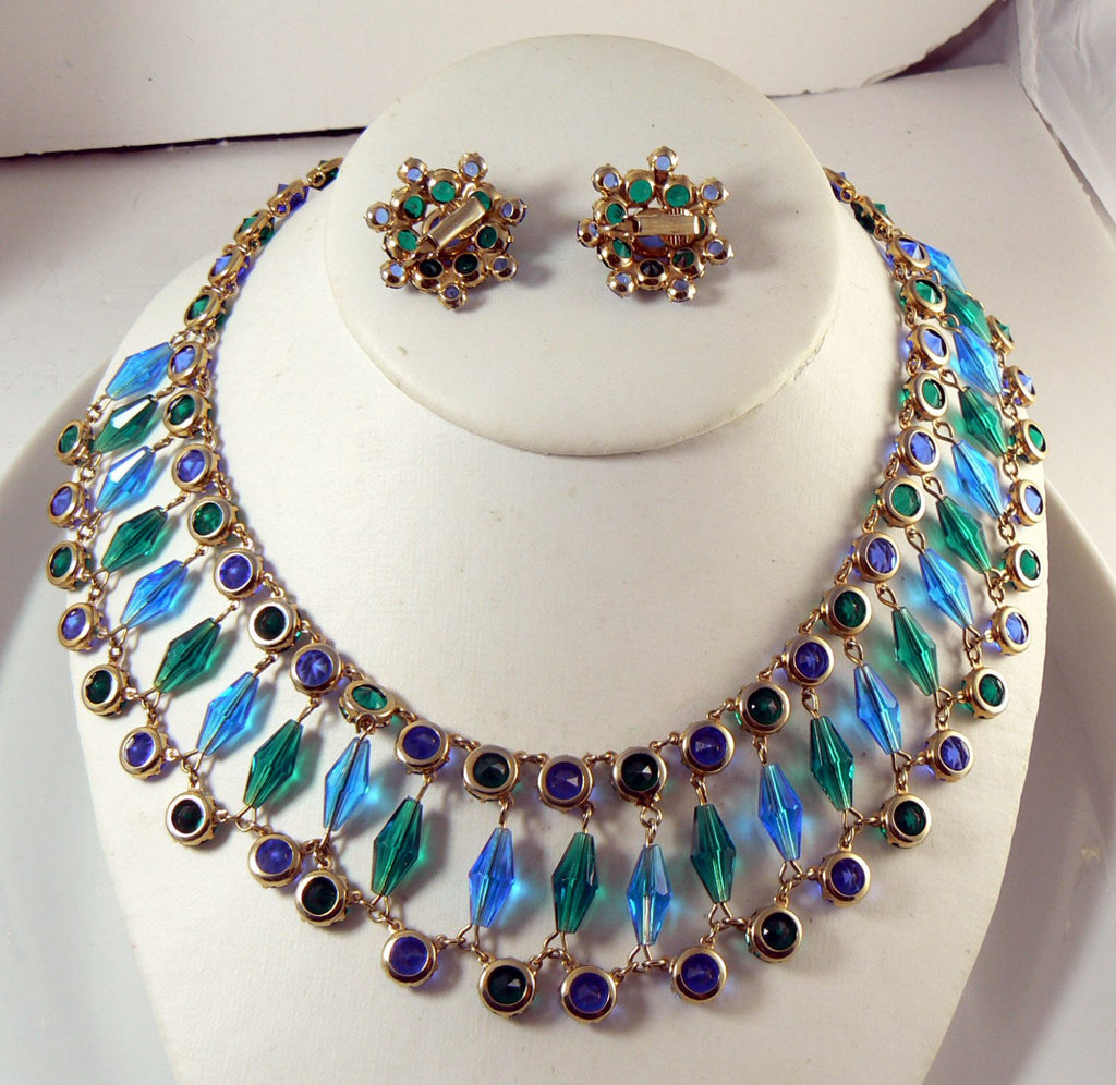 Egyptian Revival Blue and Green Glass Bezel Bib Necklace Earring Set - Vintage Lane Jewelry