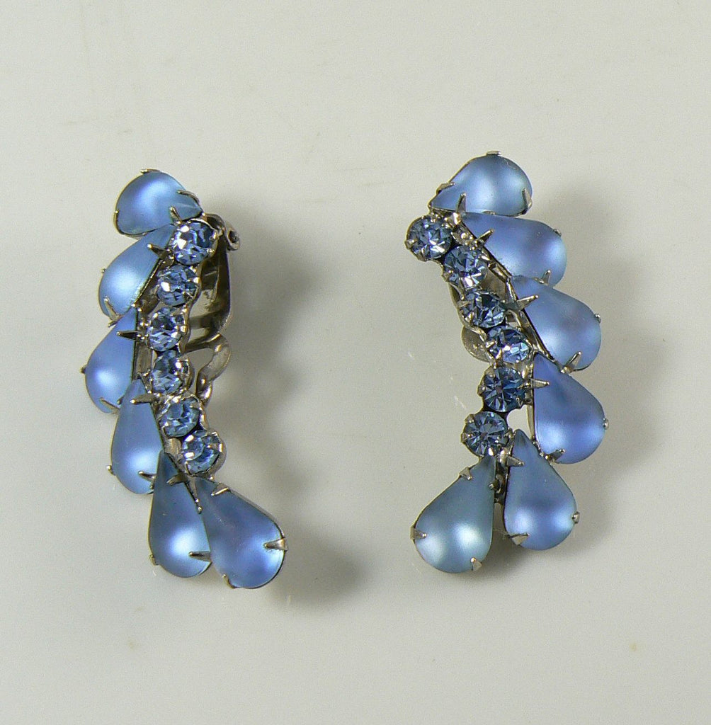Juliana D&E Frosted Blue Glass Rhinestone Clip Earrings - Vintage Lane Jewelry
