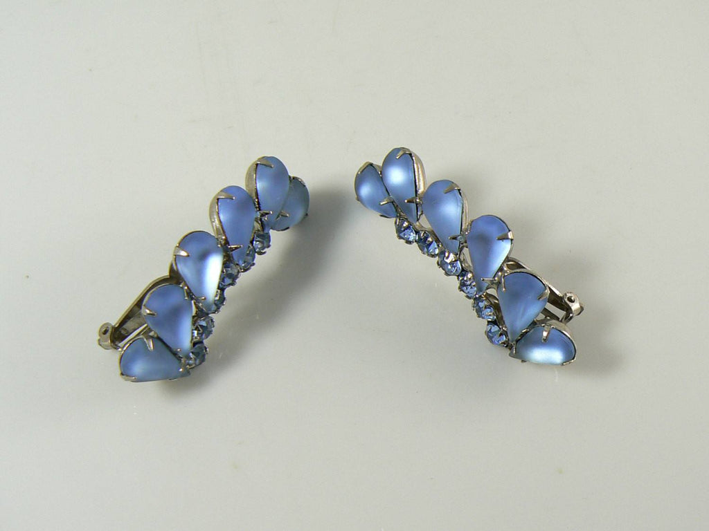 Juliana D&E Frosted Blue Glass Rhinestone Clip Earrings - Vintage Lane Jewelry