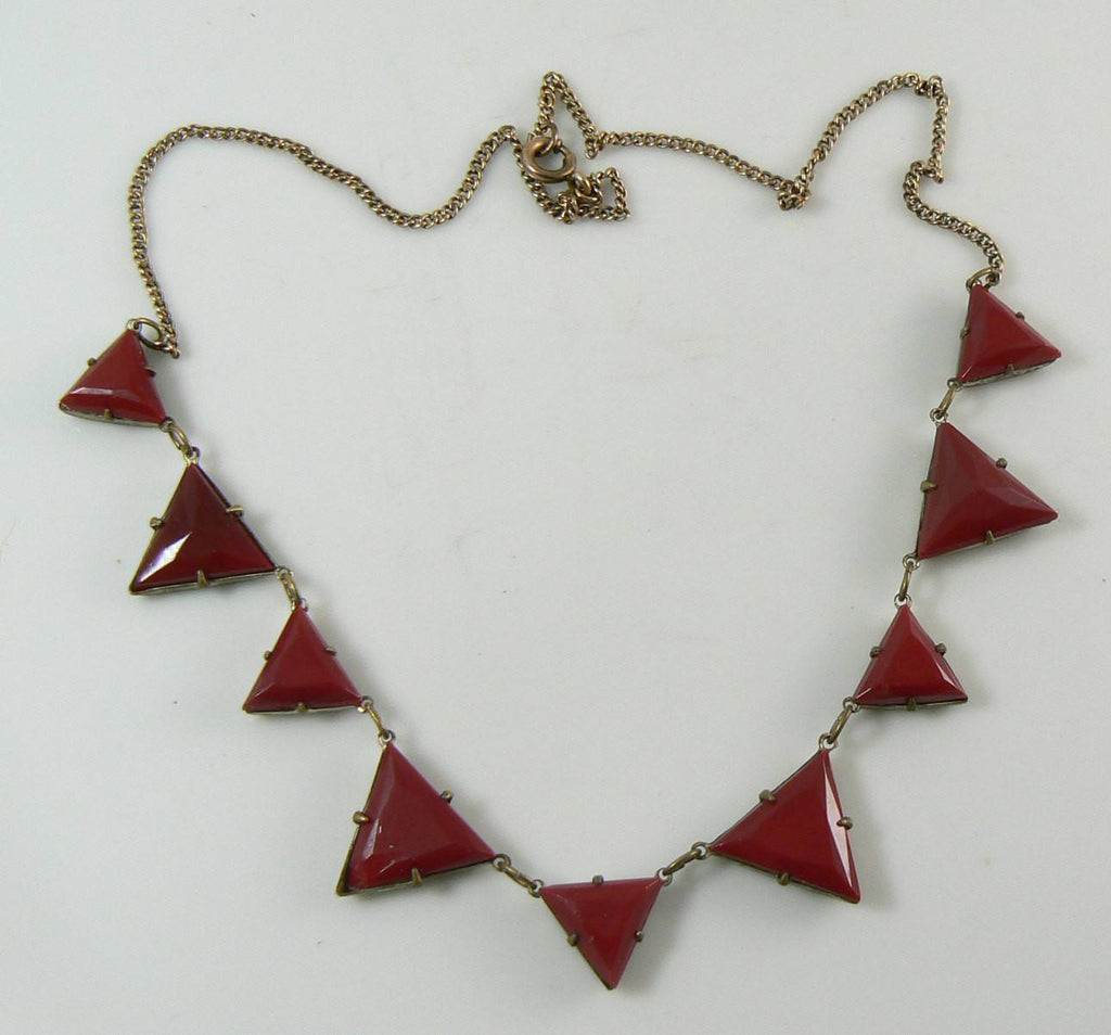 Art Deco Gold Filled Molded Red Vauxhall Glass Necklace