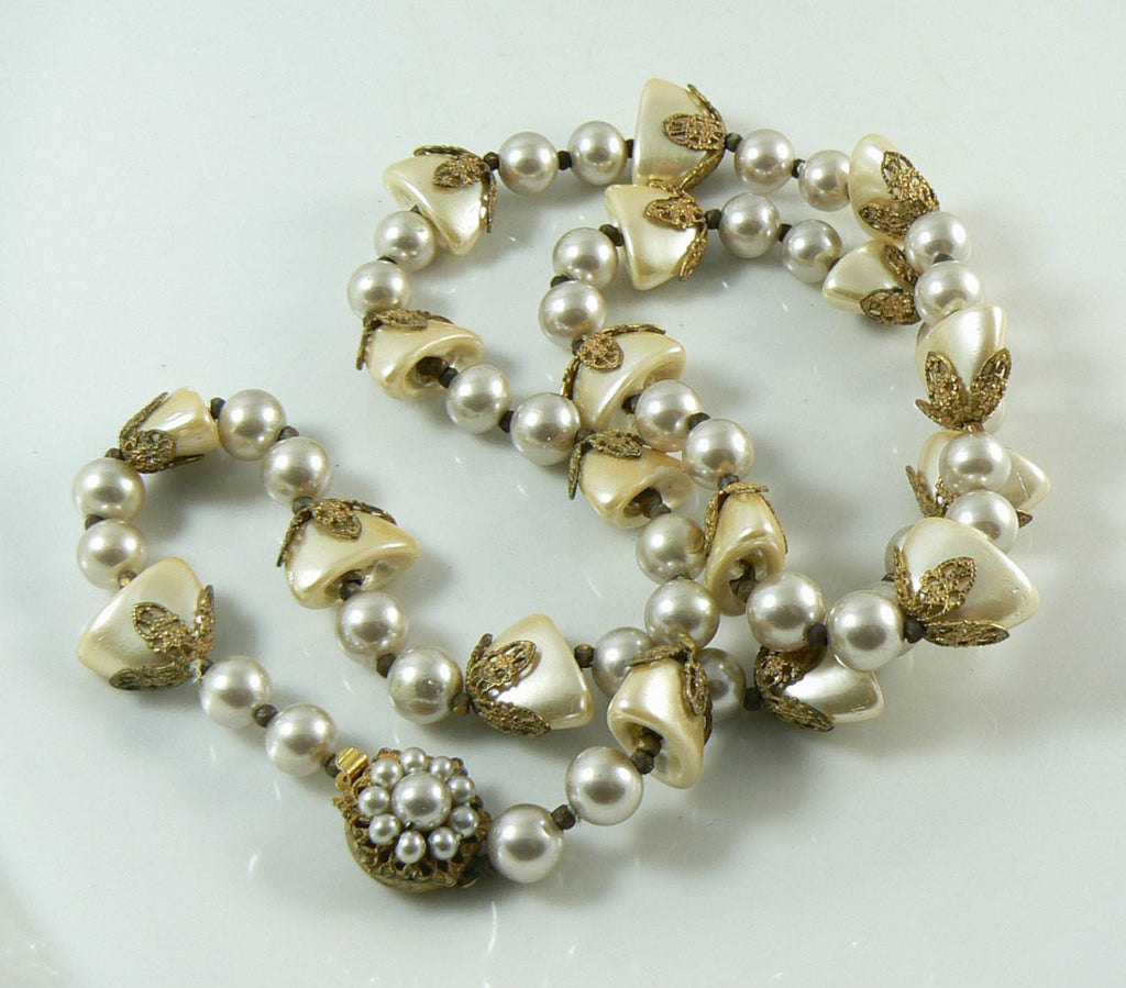 Miriam Haskell Glass Pearl Bell Shaped Pearls Gold Filigree Caps - Vintage Lane Jewelry
