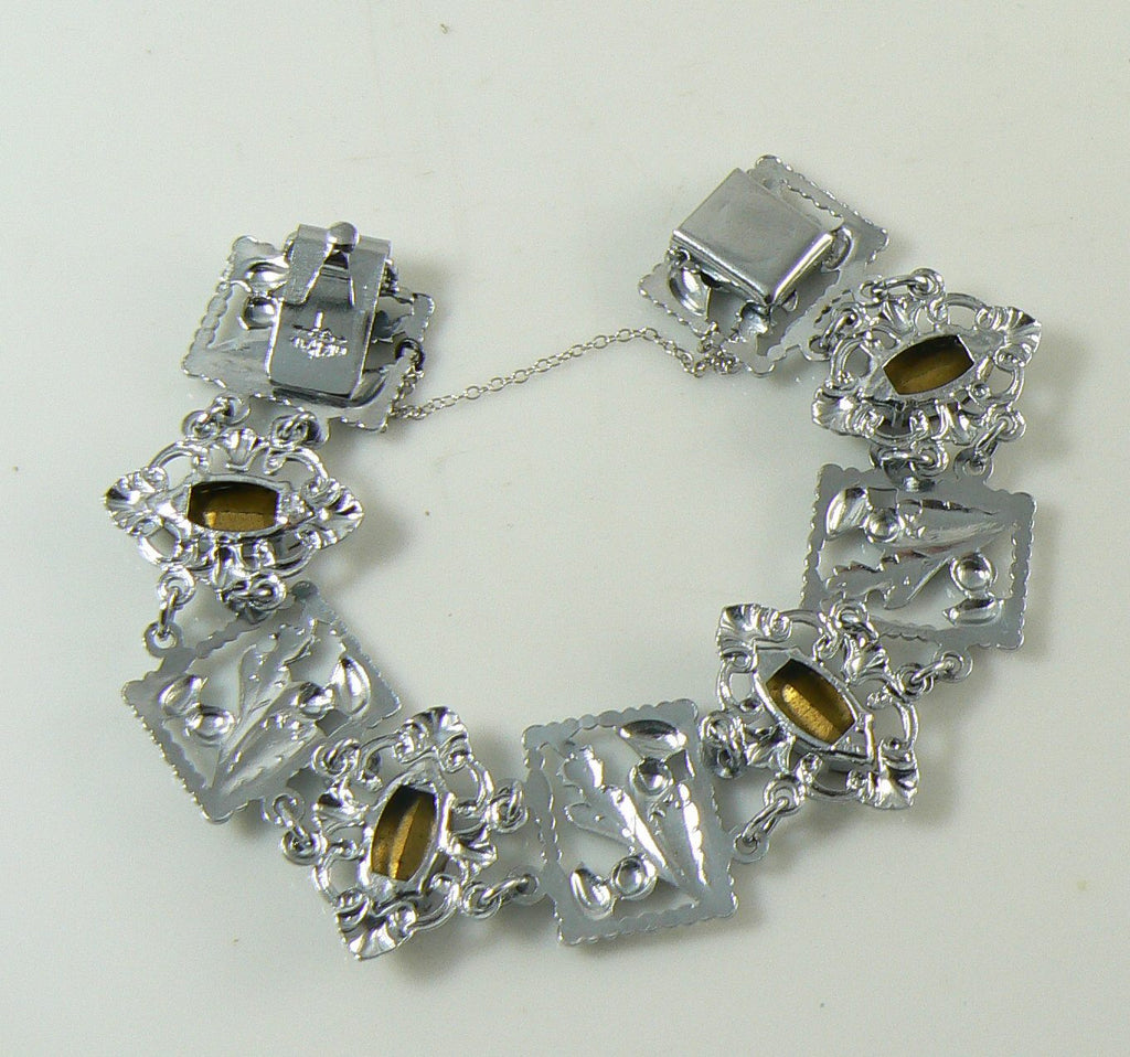 Vintage Mizpah Scottish Thistles Pink Glass Rhodium Plated Bracelet - Vintage Lane Jewelry