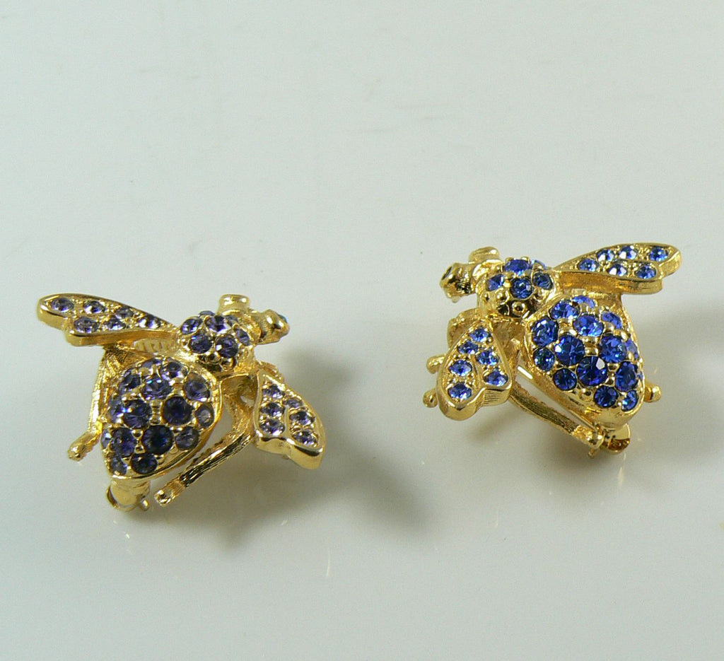 Joan Rivers Rhinestone Gold Tone Bee Brooch/Pin Pair - Vintage Lane Jewelry