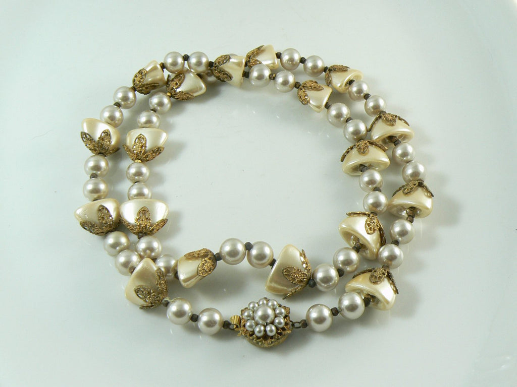 Miriam Haskell Glass Pearl Bell Shaped Pearls Gold Filigree Caps