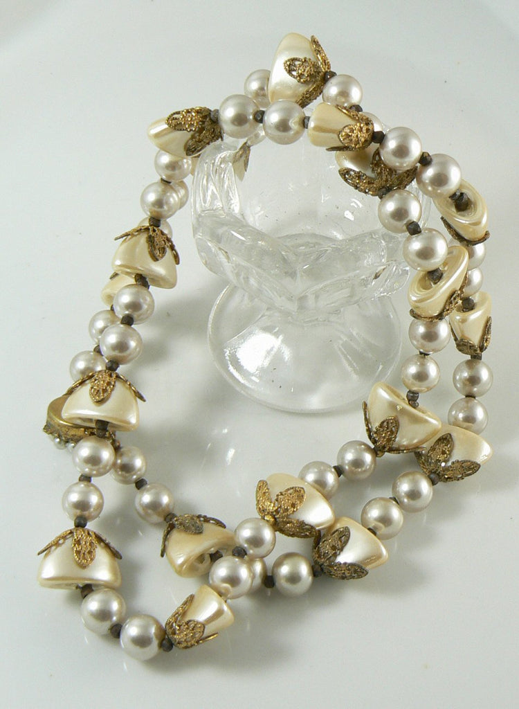 Miriam Haskell Glass Pearl Bell Shaped Pearls Gold Filigree Caps - Vintage Lane Jewelry