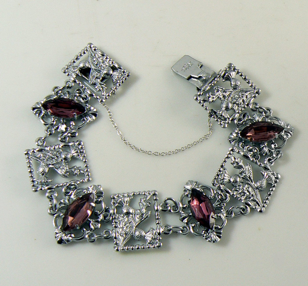 Vintage Mizpah Scottish Thistles Pink Glass Rhodium Plated Bracelet