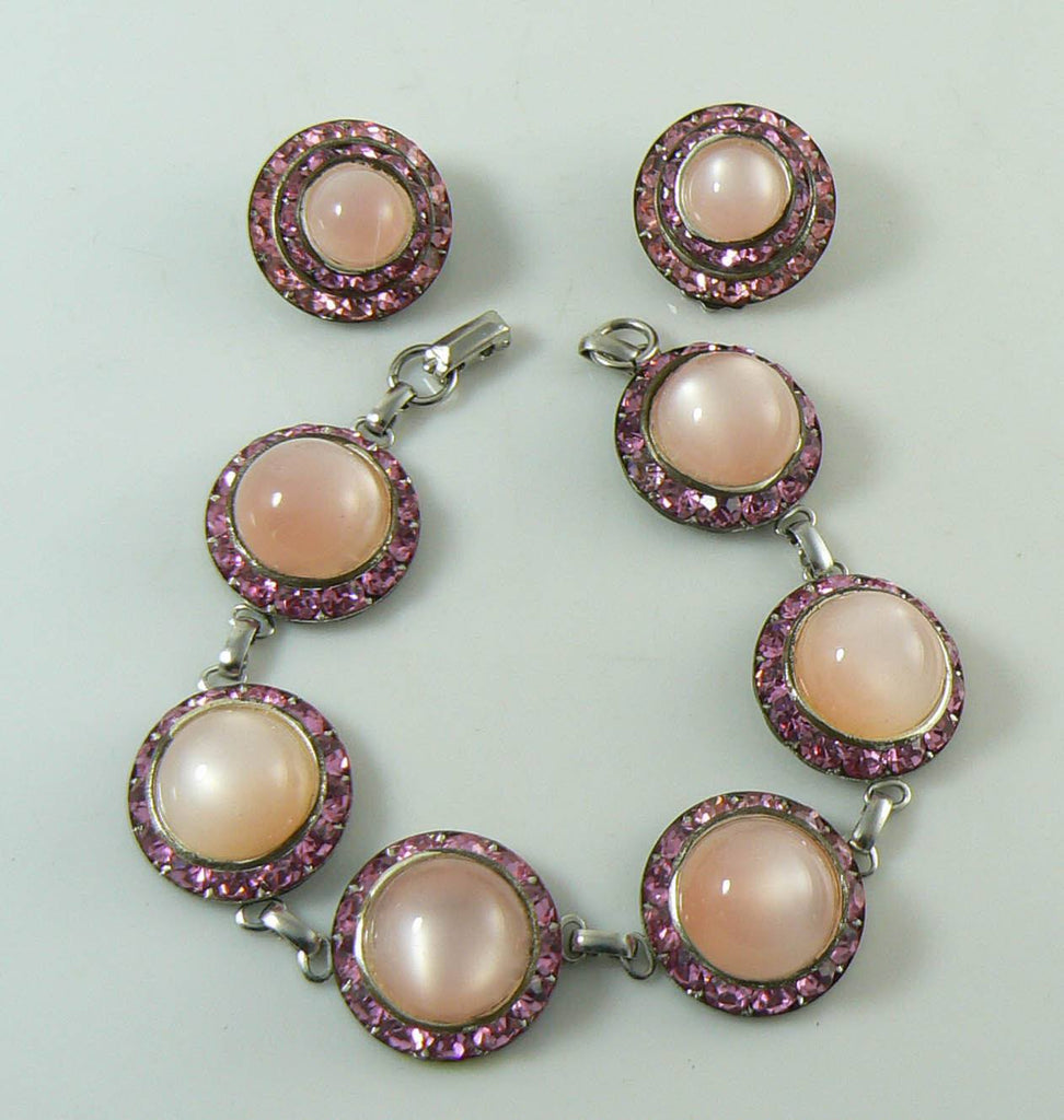Pink Rhinestones and Moonstone Cabochons Bracelet and Clip Earrings