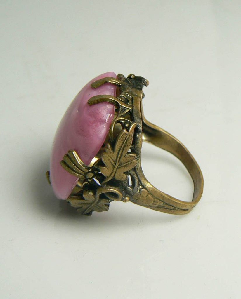 Art Deco Czech Glass Pink Large Cocktail Ring