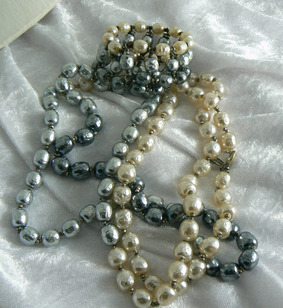 Miriam Haskell Tri-Colored Baroque Pearl Rope Necklace & Bracelet Set - Vintage Lane Jewelry