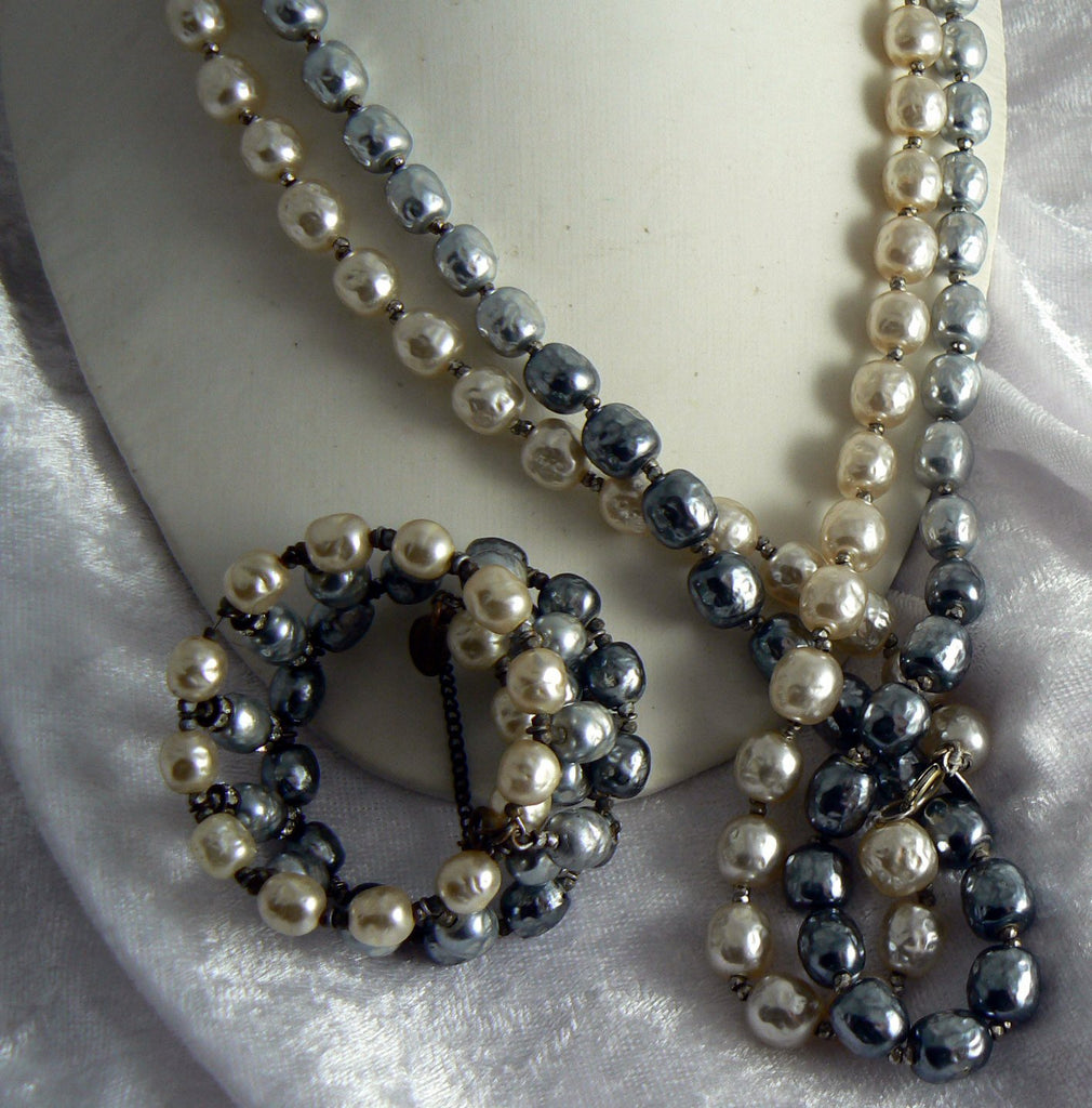 Miriam Haskell Tri-Colored Baroque Pearl Rope Necklace & Bracelet Set