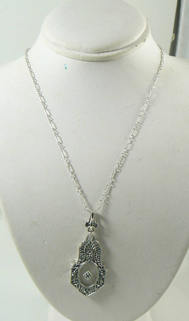 Victorian Camphor Glass Onyx and Diamond Sterling Silver Necklace - Vintage Lane Jewelry
