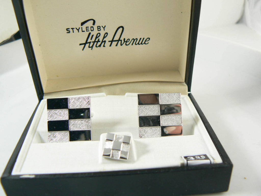 Vintage Shields Checkered Silver Tone Toggle Cuff Links and Tie Tack Set