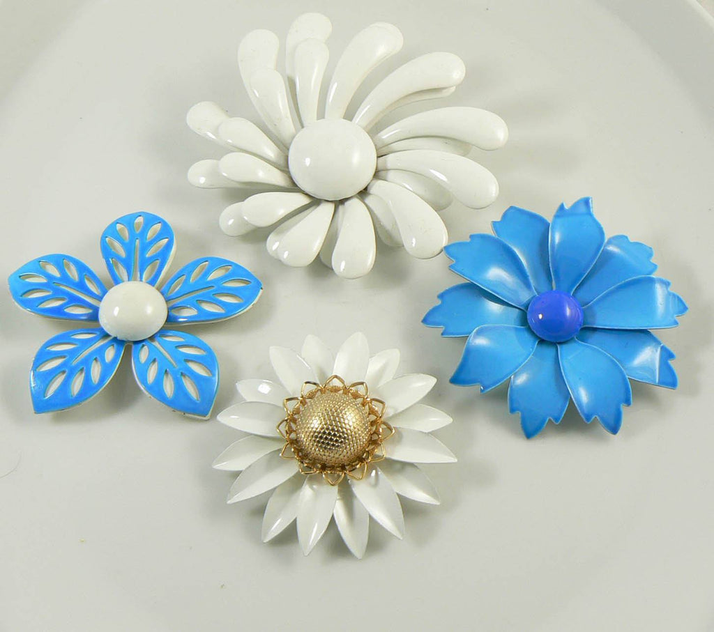 Enamel Flower Pins Shades of Blue and White Lot