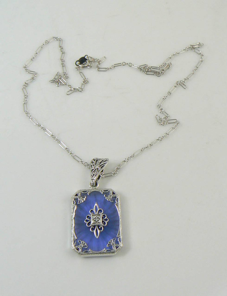 Art Deco Blue Camphor Glass Filigree Diamond Sterling Silver Necklace