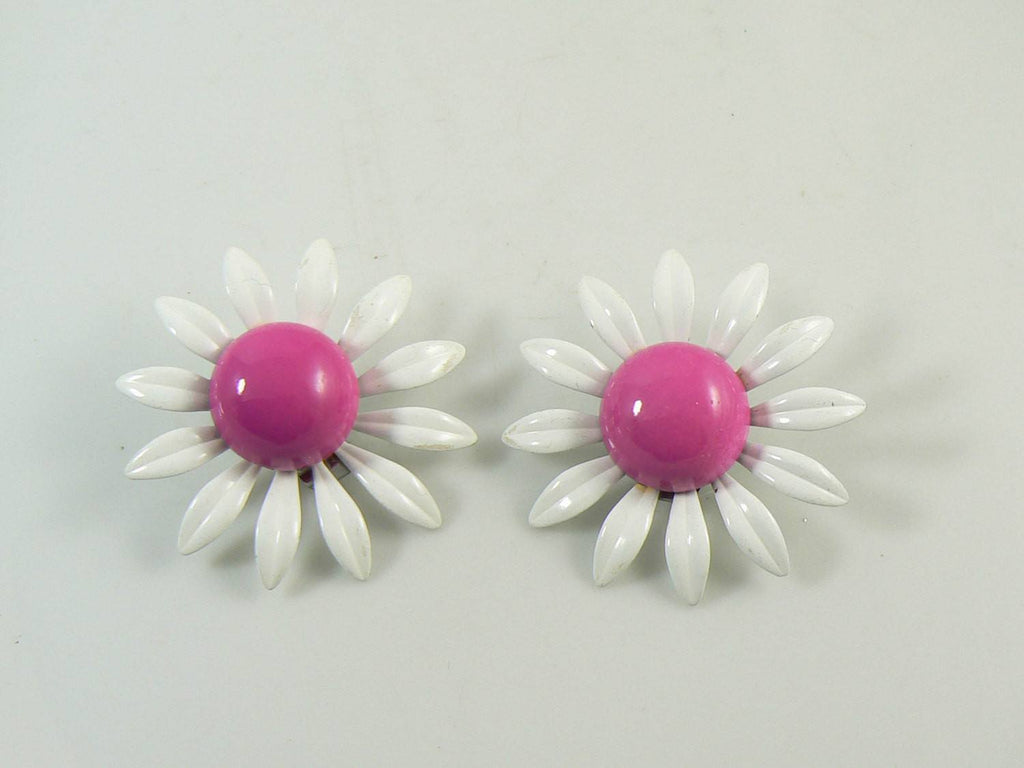 Large Enamel Pink White Daisy Clip Earrings